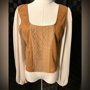 Willow & Root Faux Suede blouse pieced lace bodice chiffon sleeves